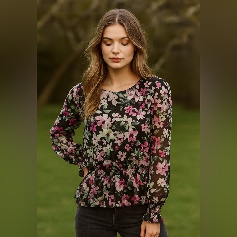 Bar III Black and Green Ruffled Blouse 🪷🖤 - Picture 3 of 12